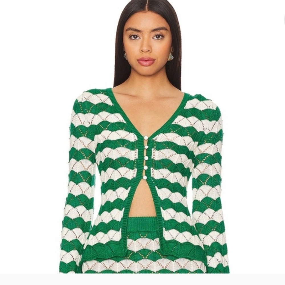 Misa Los Angeles Nelly Top Emerald Stripe Knit Cardigan Crochet Size M NWT